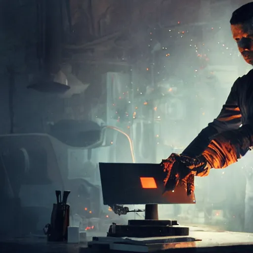 Image similar to augmented human repairing old imac, dark messy smoke - filled cluttered workshop, dark, dramatic lighting, orange tint, cinematic, highly detailed, sci - fi, futuristic, movie still from blade runner