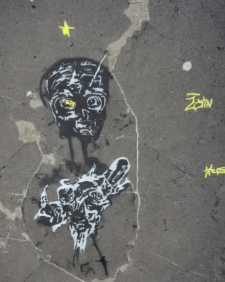 Prompt: banksy graffiti on black stone of mecca alien planet, massive spaceships, gross alien, retro futurism