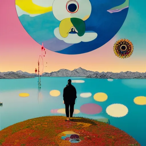 Image similar to a man walking on clouds away from the camera above a lake by takashi murakami, beeple and james jean, aya takano color style, 4 k, super detailed, modern, 4 k, symmetrical