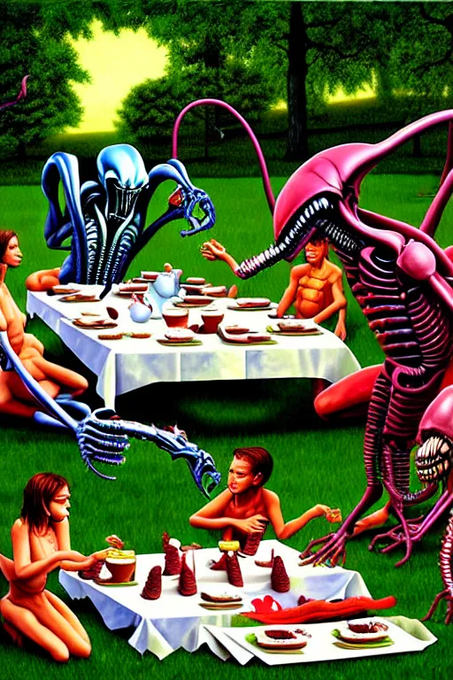Image similar to a hyperrealistic painting of a xenomorph tea party picnic at the park, by chris cunningham and richard corben, highly detailed, vivid color,