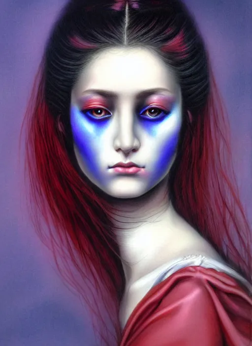 Image similar to beautiful matte airbrush portrait of a maiden with sad eyes crying on a white background, inspired by ayami kojima, 8 0's airbrush aesthetic, purple red and blue color palette, art by pater sato