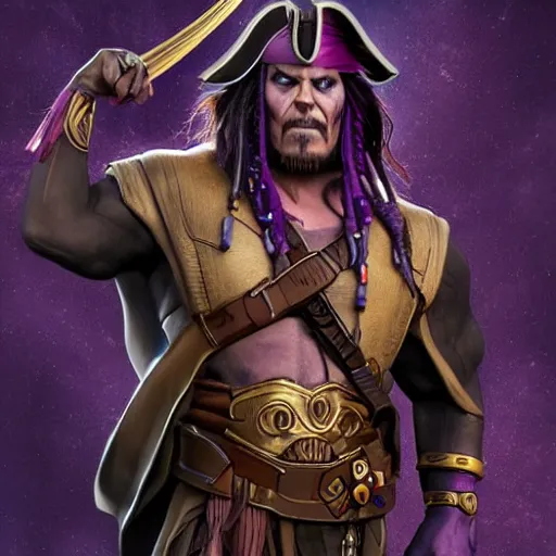 Image similar to thanos as jack sparrow, highly detailed, trending on artstation