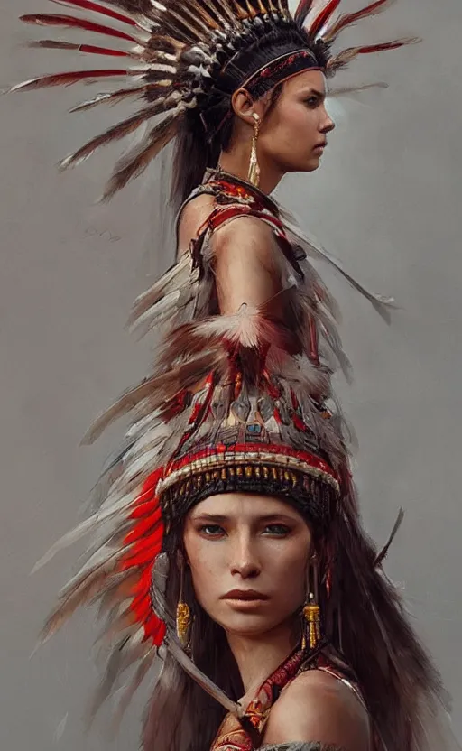 Image similar to gorgeous redskin woman wearing headdress, intricate, elegant, highly detailed, artstation, concept art, smooth, sharp focus, illustration, art by stefan kostic and greg rutkowski