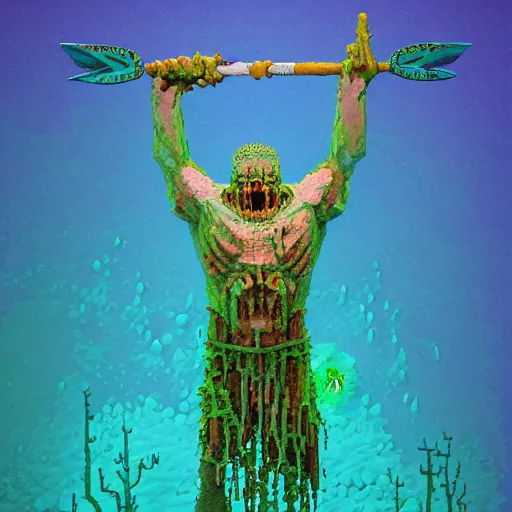 Image similar to voxel painting by greg rutkowski of a drowned zombie holding a trident with glowing cyan eyes, wearing ragged clothing, holding a trident, underwater, pastel green and blue color palette