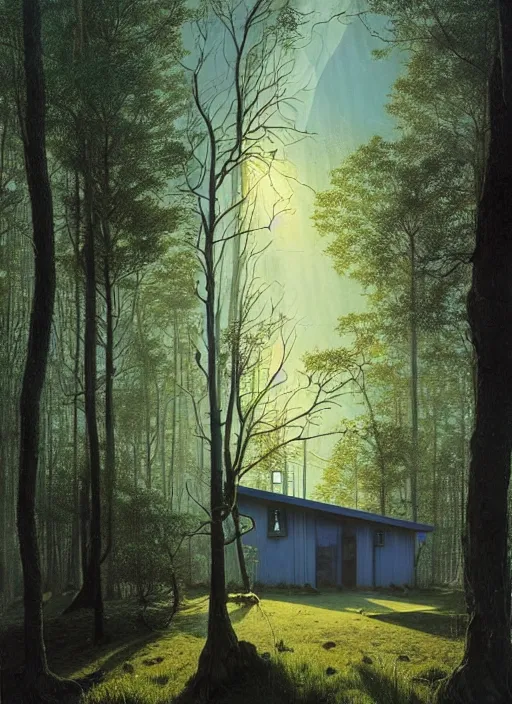 Image similar to hyper realistic witchy modern house with mood lighting and tech in the woods gorgeous lighting, sunbeams blue sky, highly detailed, lush forest foliage painting by zdzisław beksinski and norman rockwell and greg rutkowski weta studio, and lucasfilm