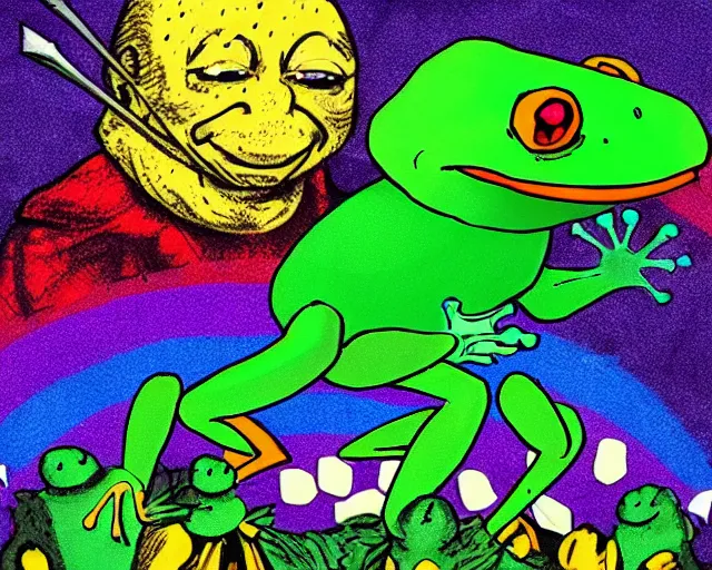 Image similar to Clown Frog King looks down from the clown castle at a furious battle below, king pepe with rainbow wig, in the style of Berserk, clown frog battle