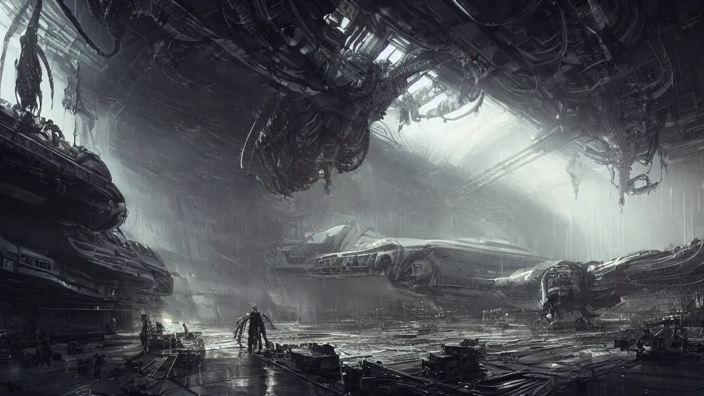 Prompt: a Photorealistic dramatic hyperrealistic,hyper detailed render by Greg Rutkowski,Craig Mullins,Nicolas Bouvier SPARTH, ILM of an Epic Sci-Fi, Gigantic Alien xenomorph spaceship inside huge interior hangar,intricate bio mechanical surface details,many tubes and cables hanging from the ceiling,Beautiful dynamic dramatic dark moody lighting,contrast and shadows,Volumetric,Cinematic Atmosphere,Octane Render,Artstation,8k