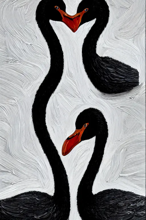 Prompt: !dream two black swans touching heads, forming a heart with their necks, oil on canvas, intricate, 8k highly professionally detailed, HDR, CGsociety