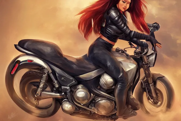 Prompt: a girl is riding a motorbike, digital painting by artgerm hyperdetailed trending on artstation trending on deviantart