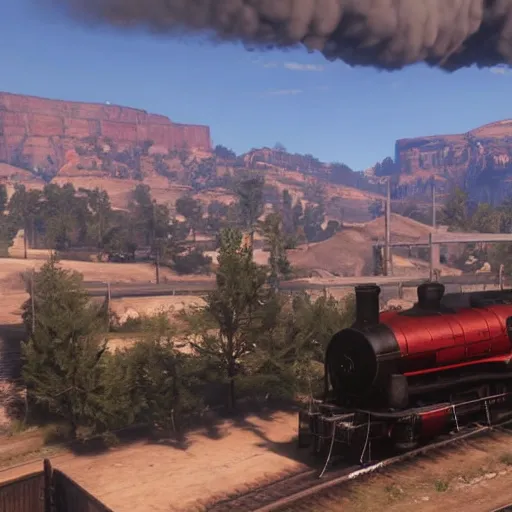 Image similar to futuristic sleek steam locomotive in red dead redemption 2