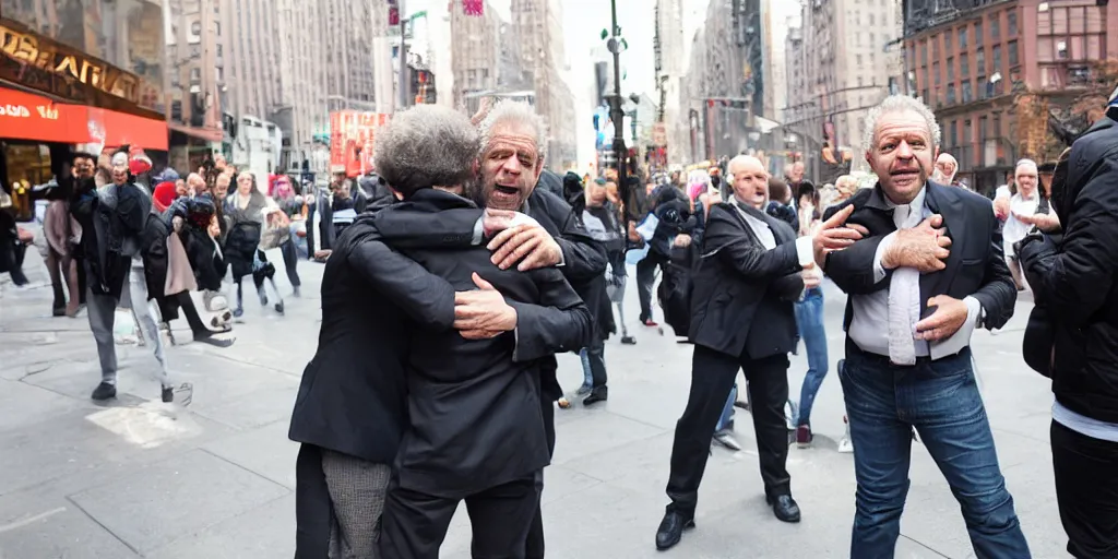 Prompt: Alan Sugar offering free hugs to people in the street, NYC, kindness