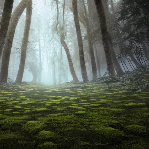 Image similar to Foggy forest with huge trees overgrown with moss and lianas, a hunter in combat wooden exoskeleton with chrome details walks between the roots. beautiful strange detailed painting 8k resolution deviantart trending on Artstation concept art digital illustration Unreal Engine VRay, lots of reflective surfaces, lots of reflective surfaces, subsurface scattering