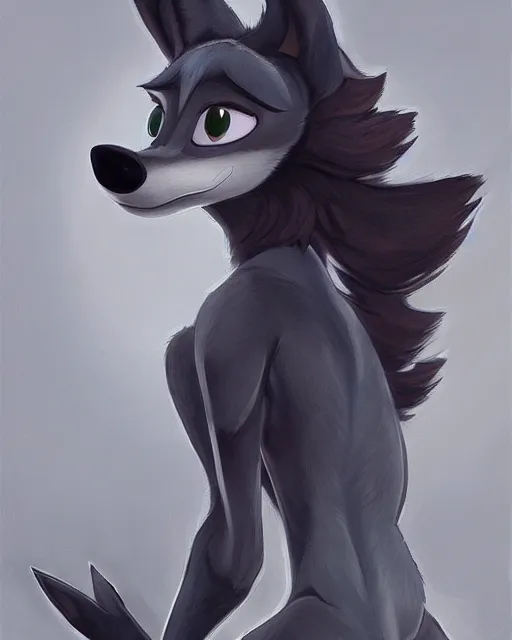 Image similar to full body oil painting of anthromorphic female wolf, in style of zootopia, female fursona, furry, furaffinity, 4 k, deviantart, furry art, fursona art, wearing black business suit, wearing black business suit, wolf fursona, female, very expressive detailed feminine face,