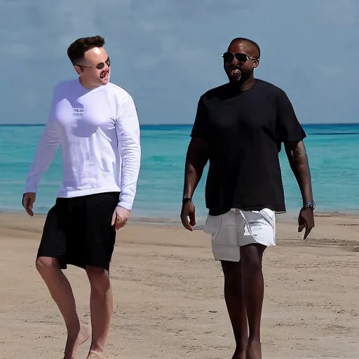 Prompt: elon musk and kanye west laughing chilling at the beach in aruba