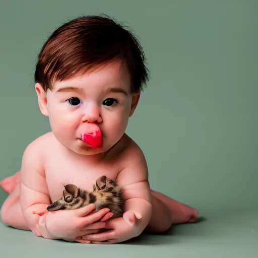 Image similar to 35mm macro shot a kitten licking a baby duck, studio lighting