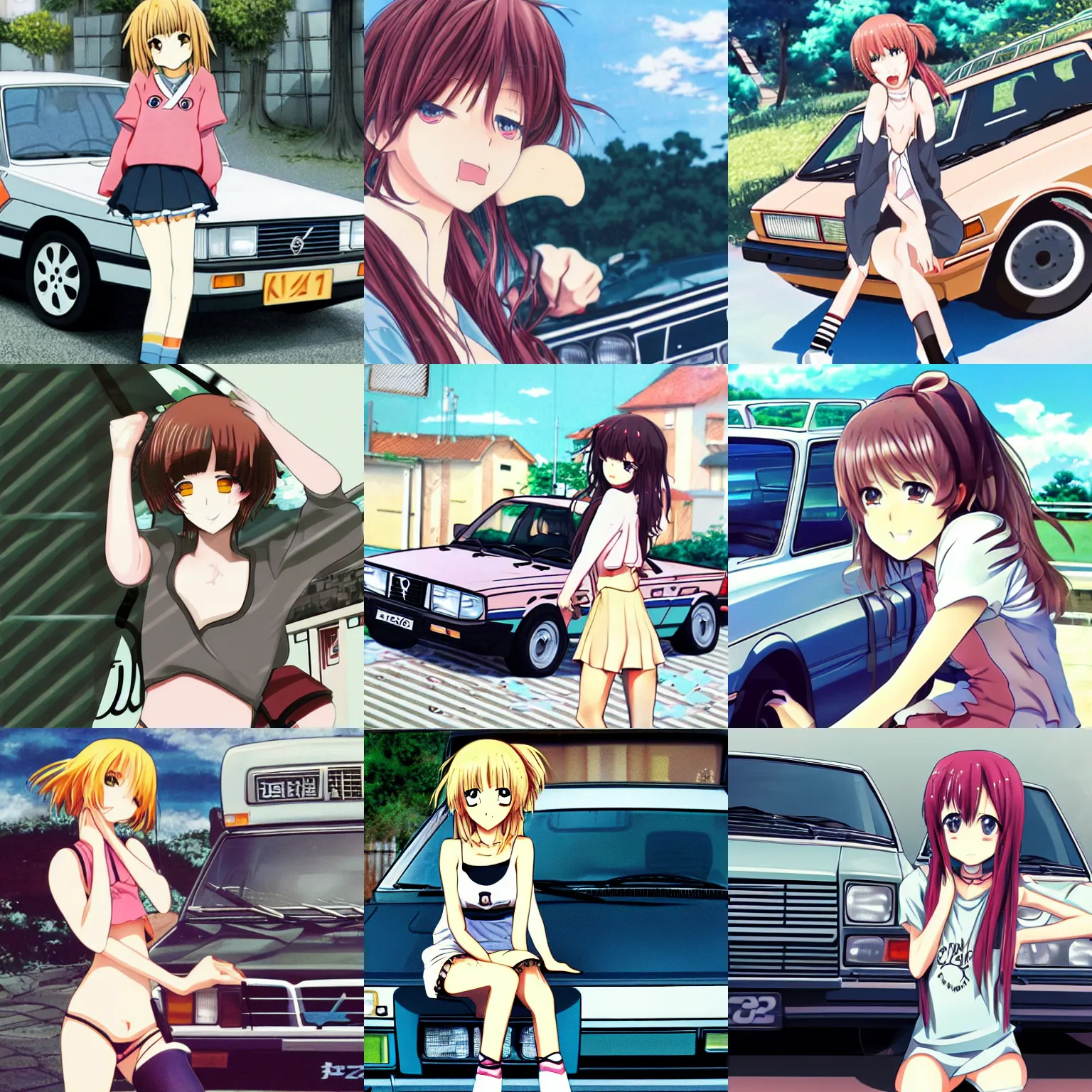 Prompt: anime girl with volvo 240, anime style