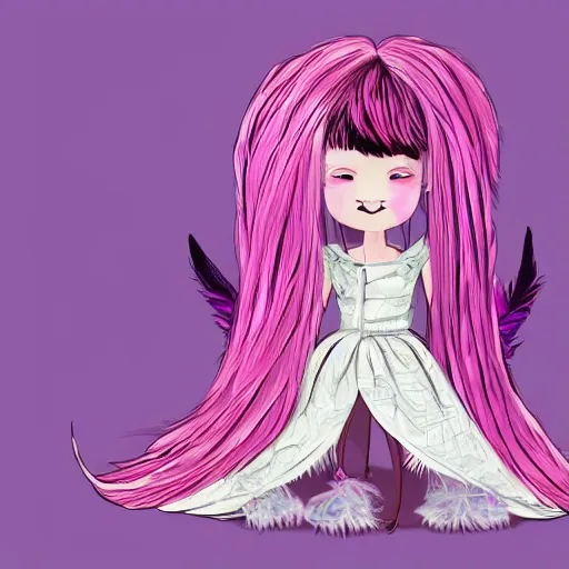 Image similar to little girl with eccentric pink hair wearing a dress made of purple feather, art by dcwj