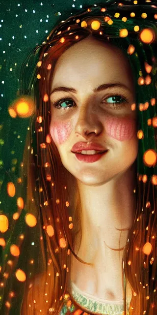 Image similar to a totally amazed smiling pretty woman surrounded by golden firefly lights in a mesmerizing scene, sitting amidst nature fully covered! intricate detailed bohemian outfit, long loose red hair, precise linework, accurate green eyes, small nose with freckles, beautiful smooth oval head, expressive emotions, hyper realistic ultrafine portrait by artemisia gentileschi, jessica rossier, greg rutkowski