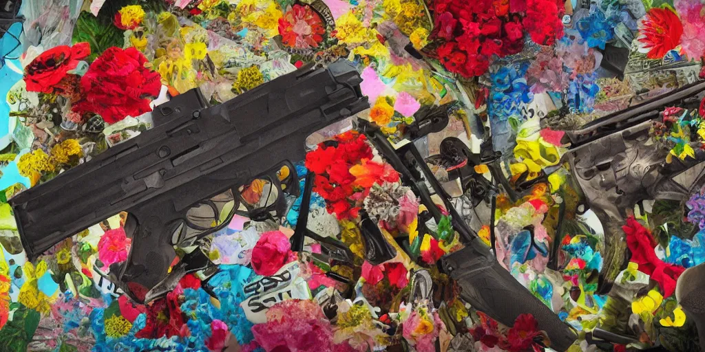 Prompt: guns and flowers, collage, acrylic on canvas, expressionism movement, ultra realistic, smooth shading, ultra detailed, high resolution, cinematic, unreal 6, breathtaking detailed, by blake neubert