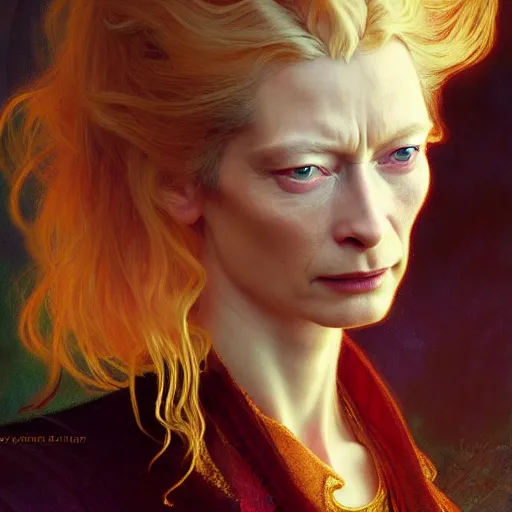 Image similar to young adult tilda swinton as lucifer morningstar, long blond hair, natural lighting, path traced, highly detailed, high quality, digital painting, by gaston bussiere, craig mullins, alphonse mucha j. c. leyendecker