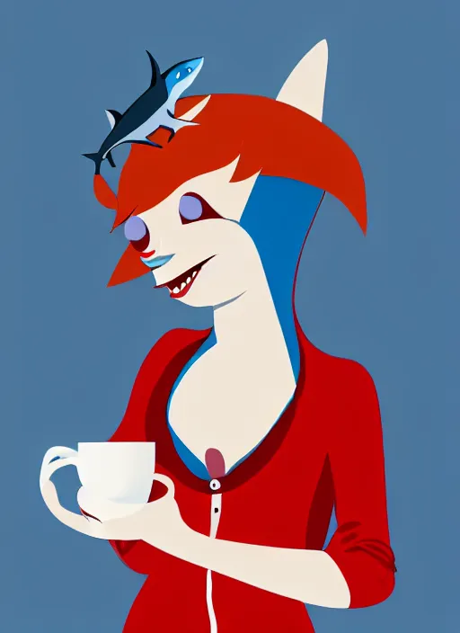 Prompt: female anthropomorphic blue shark with red hair holding a cup of coffee, digital art