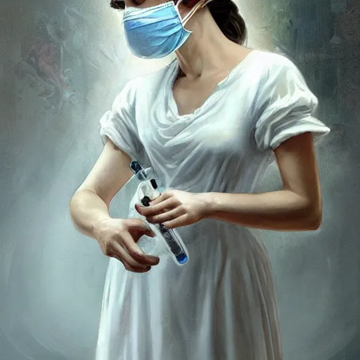 Image similar to epic portrait an female nurse in white dress and short sleeves wearing a mask and holding a syringe, digital painting, artstation, concept art, soft light, hdri, smooth, sharp focus, illustration, fantasy, intricate, elegant, highly detailed, D&D, matte painting, in the style of Greg Rutkowski and Alphonse Mucha and artemisia, 8k, highly detailed, jurgens, rutkowski, bouguereau, pastoral, rustic, georgic, detailed concept art, illustration, colorful pastel, painting, detail, ultra detailed, digital art, 4K,