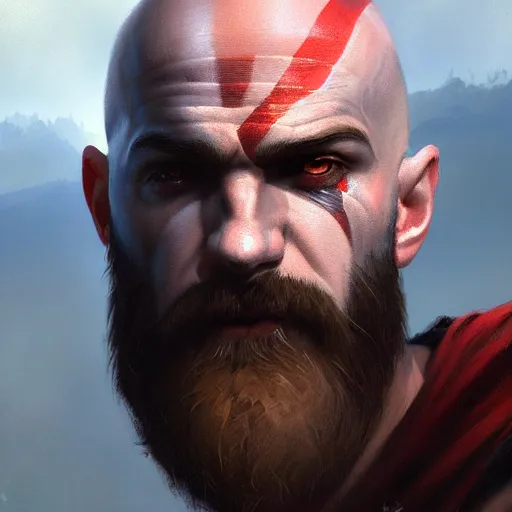 Image similar to kratos closeup portrait, dramatic light, lake background, 2 0 0 mm focal length, painted by stanley lau, painted by greg rutkowski, painted by stanley artgerm, digital art, trending on artstation