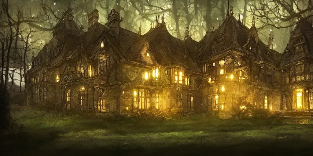 Prompt: manor in the middle of the forest, at night, light flowing through the windows, artstation, manga,!! fantasy