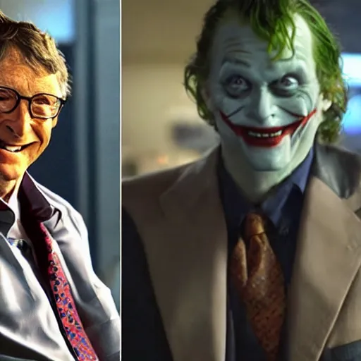 Image similar to bill gates as the joker from batman in an action scene in fast & furious