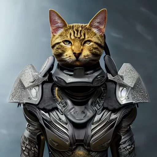 Prompt: humanoid with cat-like features in futuristic space armor with force fields, yellow eyes, teeth that protrude past the lower lip and fine grayish fur on their faces and backs of their hands and carrying weapons, octane,