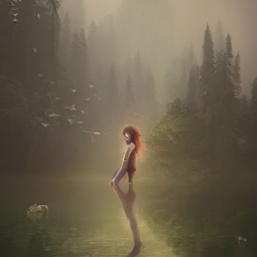 Prompt: forest girl child in a lake by ross tran, natural, fantasy, fog, artwork