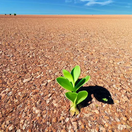 Image similar to a single lone sprout grows in a barren desert, the horizon is visible in the background, low angle 8k HD nature photo