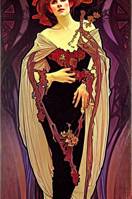 Prompt: baroque oil painting of full body vampire princess portrait by alphonse mucha