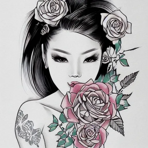 Prompt: tattoo design, stencil, beautiful asian girls face, roses and ivy surrounding by artgerm, artgerm, cat girl, anime