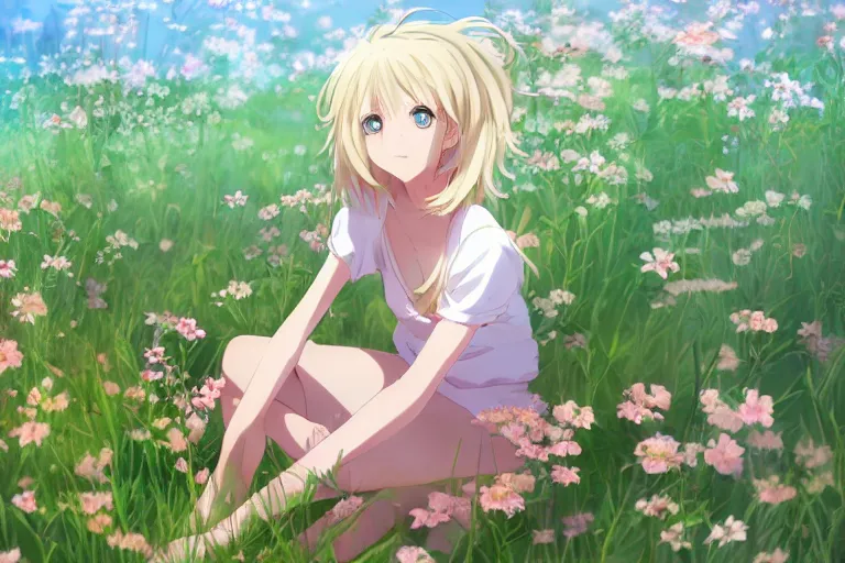 Prompt: beautiful anime blonde girl sitting in a field full of flowers, highly detailed, realistic, dynamic lighting, cinematic, masterpiece, trending on artstation, in the style of studio Ghibli