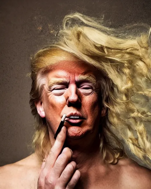 Image similar to donald trump with hippie hair, hippie clothes, smoking cannabis, photorealistic photographed in the style of annie leibovitz, studio lighting