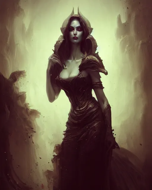 Prompt: bastien lecouffe deharme and wlop detailed portrait digital rococo painting of a beautiful serious villainess wearing fantasy clothing like liliana vess, villainess has black angel wings, evil mood, hellish battlefield in the background, unreal engine, embers flying, hyper realism, realistic shading, cinematic composition, blender render, octane render, ultrawide shot