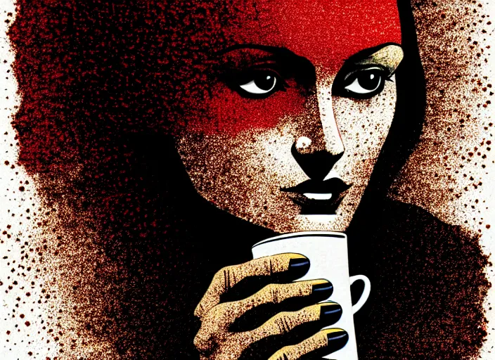 Image similar to portrait of a heroine drinking coffee, colorful,vivid, Mads Berg, Karolis Strautniekas,small finely stippled light, dramatic lighting,fine texutre, editorial illustration, detailed, matte print, dynamic composition,moody, cinematic, film grain,perspective