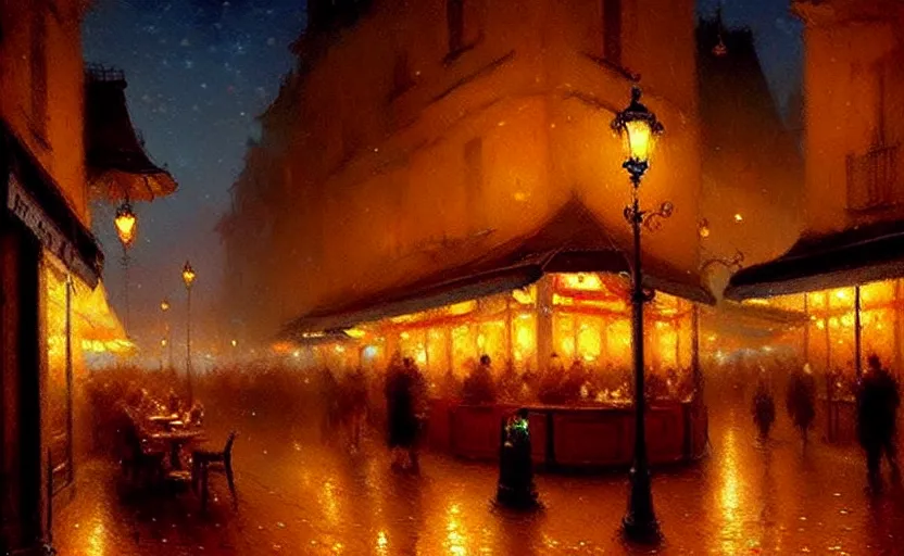 Prompt: parisian restaurant at night, by Greg Rutkowski and Gaston Bussiere, beautiful volumetric-lighting-style atmosphere, futuristic atmosphere, intricate, detailed, photorealistic imagery, artstation, by Evgeny Lushpin