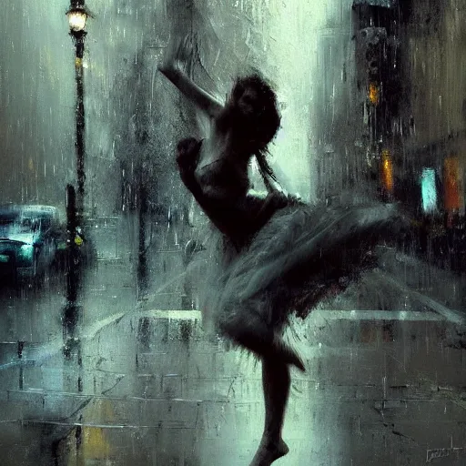 Image similar to painting of a beautiful goddess, dancing in the rain, by Jeremy Mann, detailed, stylized, loose brush strokes, intricate, realistic, exaggerated lighting, sense of scale, free, melancholy