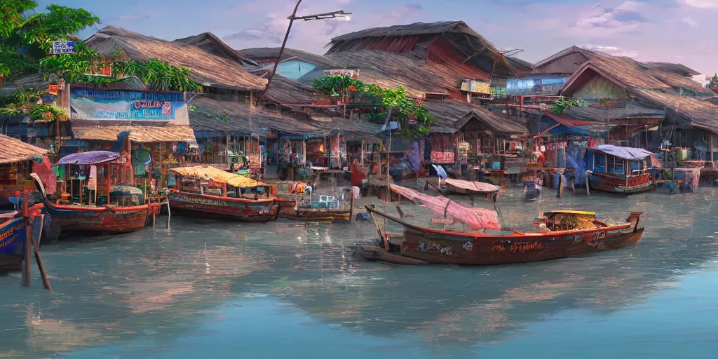 Prompt: shops at pulau indah fishing village by the sea, early morning, detailed matte painting, low angle view, telephoto lens, bokeh, studio ghibli, artstation