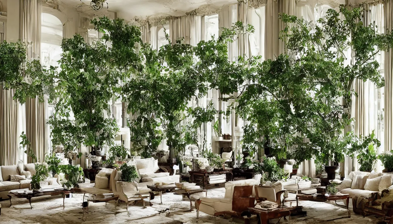 Prompt: luxury living room filled with plants and trees, architectural digest