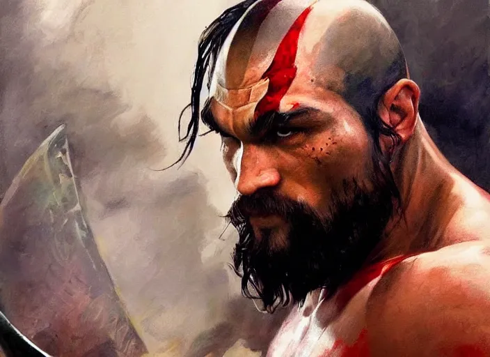 Image similar to a highly detailed beautiful portrait of jason momoa as kratos, by gregory manchess, james gurney, james jean