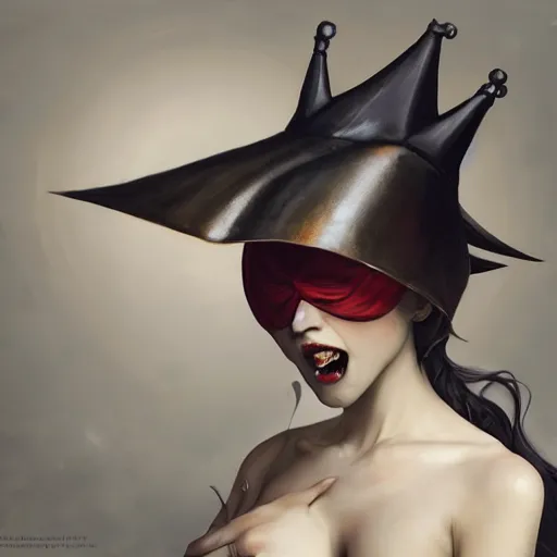 Image similar to a vampire showing her fangs, wearing a conical dunce cap and covering her eyes, ultra high detailed, oil painting, greg rutkowski, charlie bowater, yuumei, yanjun cheng, unreal 5, daz, hyperrealistic, octane render, rpg portrait, dynamic lighting