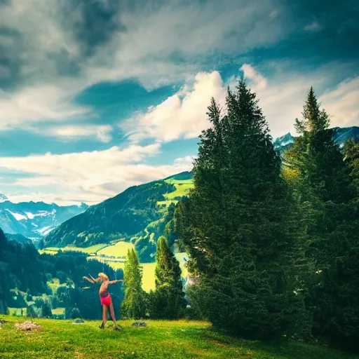 Image similar to a beautiful photograph of a girl with switzerland landscape in the background with trees, hdr, 8 k, high quality, sharp focus, artstation, highly detailed, award - winning, dramatic lighting, beautiful clouds, and nature