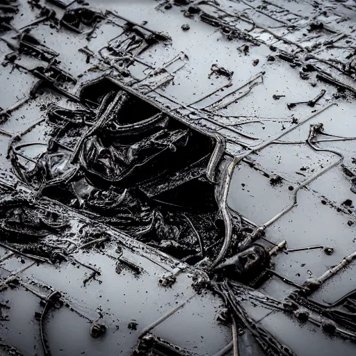 Image similar to crashed cargo ship leaking mysterious black gooey liquid, mysterious black slime, black gooey liquid leaking out of crashed cargo ship, apocalyptic, ruined, container ship, crashed, 8 5 mm f / 1. 4