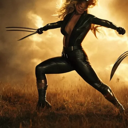 Image similar to an award winning cinematic still of beautiful Margot Robbie as Wolverine in epic battle pose , 16k hyper realistic photograph, centered, dramatic lighting