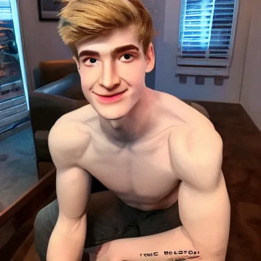 Image similar to a realistic detailed photo of a guy who is an attractive humanoid who is half robot and half humanoid, who is a male android, twitch streamer ninja tyler blevins, shiny skin, posing like a statue, blank stare, in a living room, on display, showing off his muscles