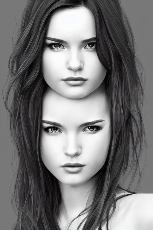 Image similar to full body portrait of a beautiful young woman in black and white, photorealistic, hair down to waist, sharp focus, in the style of Kevin Kostic, Stephen Lau and artgerm, hyper sharp focus, 8k highly detailed