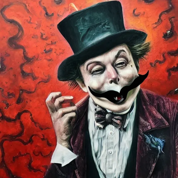 Image similar to elon musk as the grim-hatter with evil mustache grinning, cinematic, dark oil paint, realistic flavor, decaying rich colors!, instagram photo